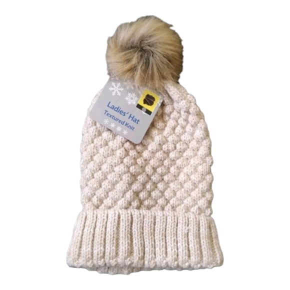 Ladies Hat Textured Knit Faux Fur Pom-Pom Off White Toboggan Cap Warm Comfy Cozy - Picture 1 of 7